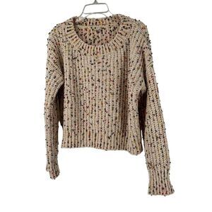 Chunky Knit Sweater Womens Size L Cream Colorful Dot Crop Chenille Knit Pullover